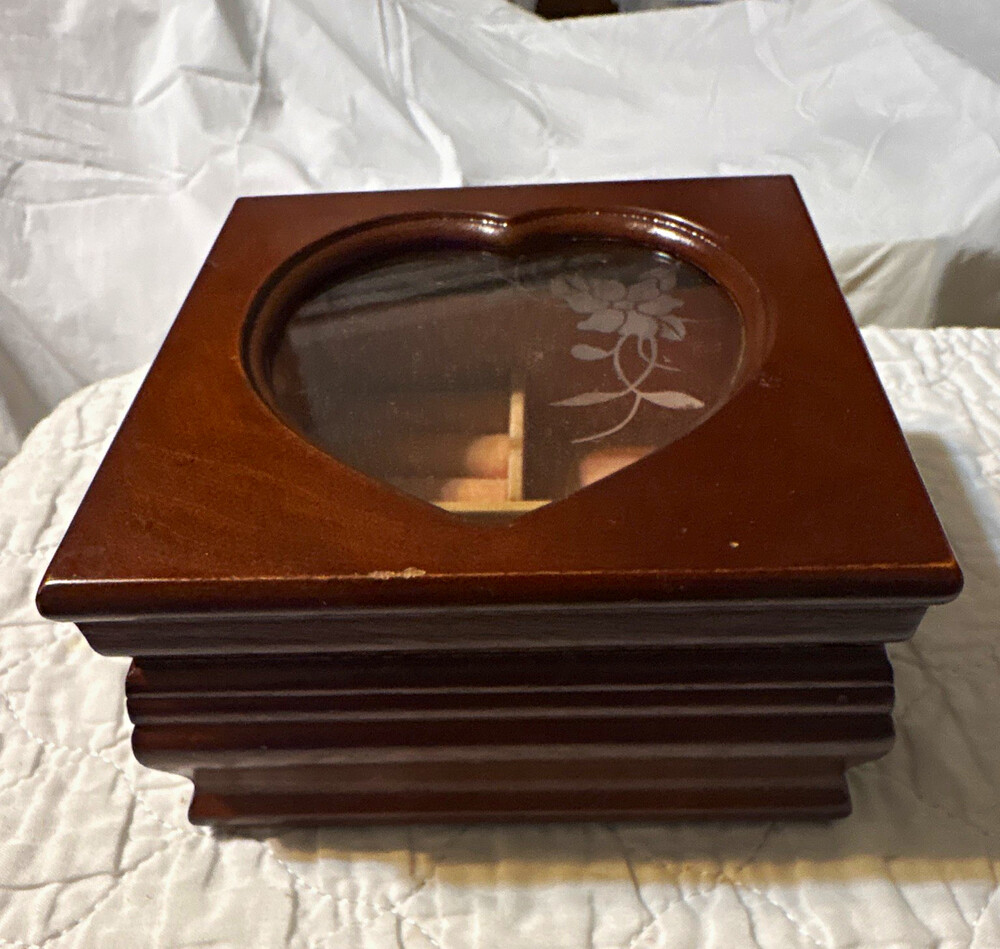 Wood Jewelry Box Brown Square Heart Glass Lid Floral Lined Ring Slots 4 Rings